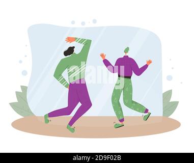 Das Paar freut sich. Zwei Figuren tragen in lässiger Kleidung tanzen. Junger Mann und Frau feiern. Personen springen und Viel Spaß. Vektorfarbe flach Abb. Stock Vektor