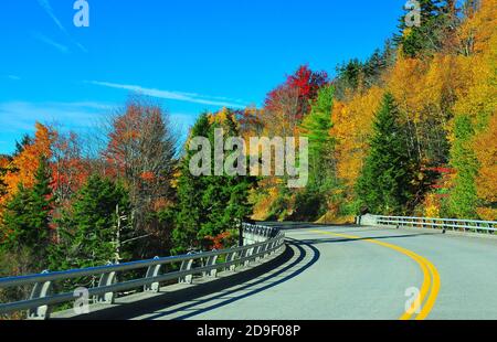 Es ist leicht, sich in die wunderschönen Herbstfarben und die Landschaft des wunderschönen Grandfather Mountain und der Appalachen in North Carolina zu verlieben. Stockfoto