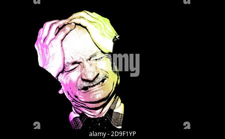 Alter Mann, der unter Kopfschmerzen leidet. Kontrastreiches Bild eines älteren Mannes. Zeitgenössische Kunst und Poster Stil Bild. Stockfoto
