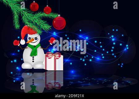 Grußkarte mit Schneemann, Tannenzweig, Kugeln und Geschenkbox. Frohe Weihnachten Grußkarte, Banner-Design oder Party-Einladungen.Vektor Stock Vektor