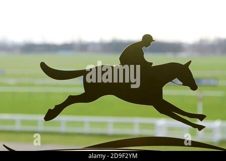 Silhouette eines Pferdes am Fenster der Ayr Racecourse Ayrshire, Acotland, Großbritannien Stockfoto