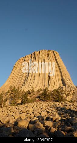 Devils Tower, Wyoming. Der Turm ist ein erstaunliches geologisches Merkmal, das aus der Prärie um die Black Hills ragt Stockfoto