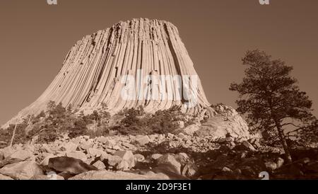 Devils Tower, Wyoming. Der Turm ist ein erstaunliches geologisches Merkmal, das aus der Prärie um die Black Hills ragt Stockfoto