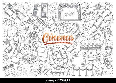 Cinema Doodle Set mit Schriftzug Stock Vektor