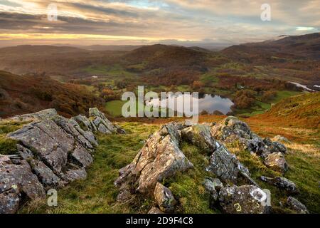 Luftaufnahme von Loughrigg Tarn mit Felsen im Vordergrund an einem schönen Herbstmorgen. Lake District, Großbritannien. Stockfoto