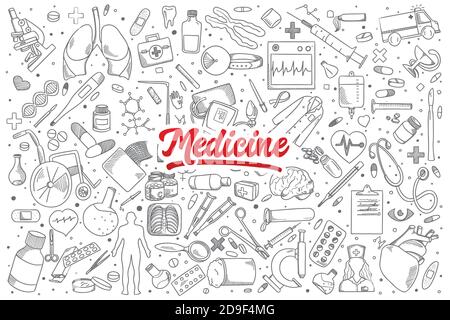 Medicine Doodle Set mit Schriftzug Stock Vektor