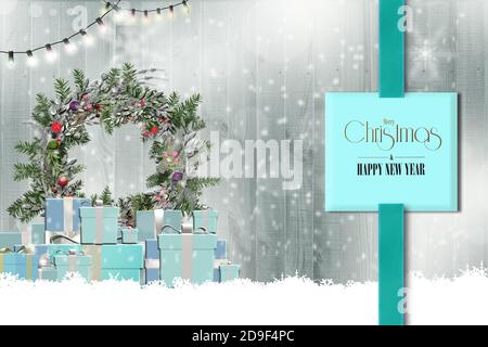 Weihnachts-Neujahrsdesign auf Holz. Weihnachten Geschenkschachteln, Weihnachtskranz, Text Frohe Weihnachten Frohes Neues Jahr auf blauem Holzhintergrund mit Schnee. Rustikales Holzdesign für festliche Feiertage. 3D-Illustration Stockfoto