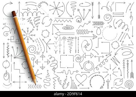 Pfeile Doodle Set mit grünen Schriftzügen Stock Vektor