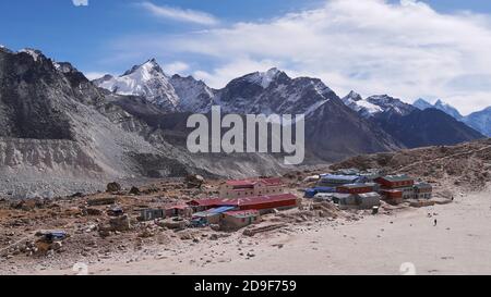 Luftaufnahme des Dorfes Gorakshep (Lodges), der letzten Unterkunft vor dem Everest Base Camp mit majestätischem Khumbu-Gletscher und schneebedeckten Bergen. Stockfoto