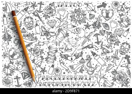 Handgezeichnetes Tattoo Vektor Doodle Set Stock Vektor