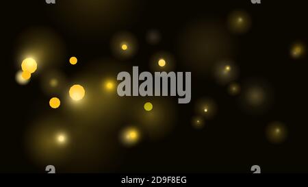 Abstrakt leuchtende Bokeh-Lichter mit Weichzeichnen Lichteffekte auf Schwarz. Festlicher leuchtend goldener gelber Glitter mit Partikellicht Bokeh Effekt. Schablone grea Stock Vektor