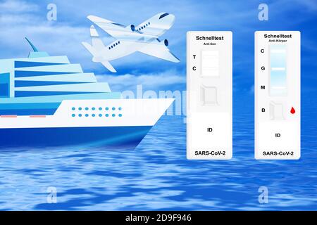 Corona Covid-19 Schnelltest mit Flugzeug und Kreuzfahrtschiff Stockfoto