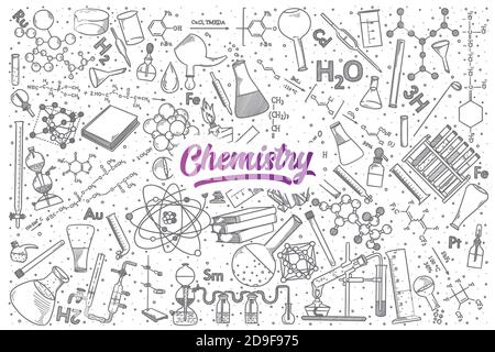 Handgezeichnetes Chemie-Doodle-Set mit Schriftzug Stock Vektor