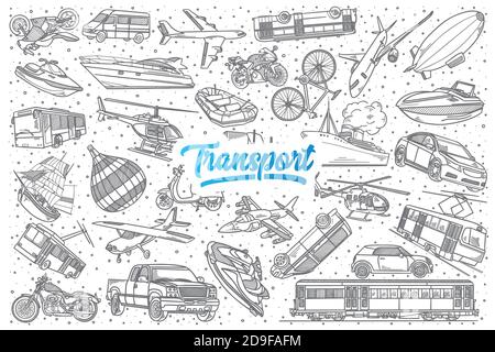 Handgezeichnetes Transport-Doodle-Set mit Schriftzug Stock Vektor