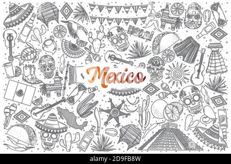 Handgezeichnetes Mexiko-Doodle-Set mit Schriftzug Stock Vektor