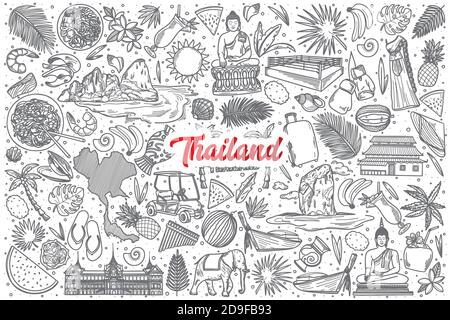 Handgezeichnetes Thailand Doodle Set mit Schriftzug Stock Vektor