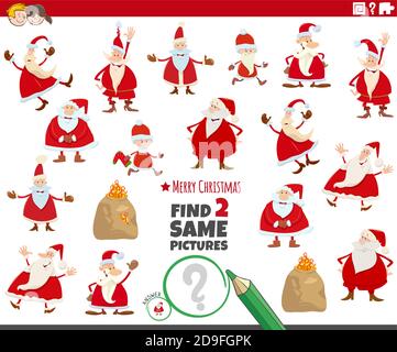 Cartoon Illustration der Suche nach zwei gleichen Bildern pädagogische Spiel mit Weihnachtsfiguren Stock Vektor