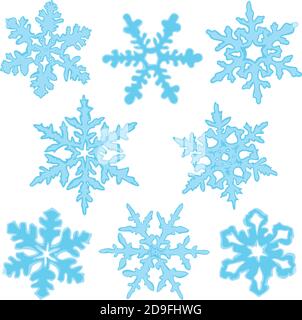 Vektor-Set von blauen Schneeflocken isoliert auf einem weißen Hintergrund. Kollektion von Elementen Winterdesign. Acht Showflocken in verschiedenen Formen. Stock Vektor