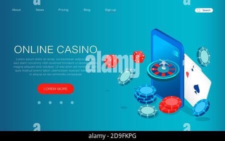 Online Casino Konzept. Vektor eines Smartphones mit Casino Roulette, Chips, Würfel und Karten Stock Vektor