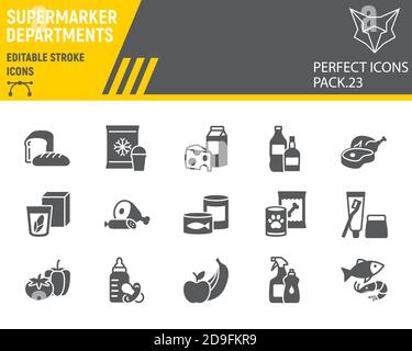Supermarkt Abteilungen Glyph Icon-Set, Lebensmittelgeschäft Sammlung, Vektor-Skizzen, Logo-Illustrationen, Online-Verkauf Icons, Supermarkt Abteilung Schilder Stock Vektor