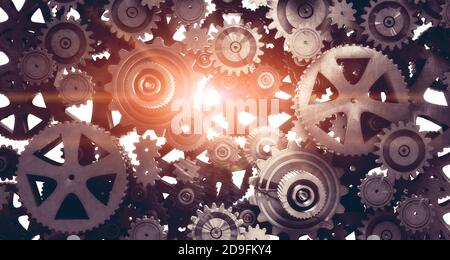 Industrieller und mechanischer Hintergrund. Motor und Technologie Konzept.Getriebe Zahnrad Hintergrund.3d-Illustration Stockfoto