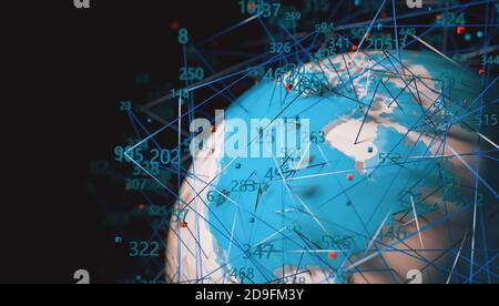 Technologie und Kommunikation für Analyse und Datenmanagement im Internet.3d Illustration.Weltkarte und Computer-Tools für Cybersecurity. Stockfoto