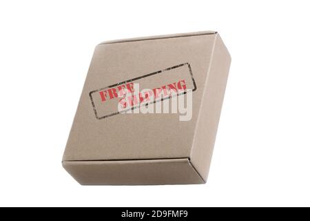 Karton-Box mit Aufschrift Stempel versandkostenfrei, isolieren auf weißem Hintergrund. Free Delivery Service Konzept Stockfoto
