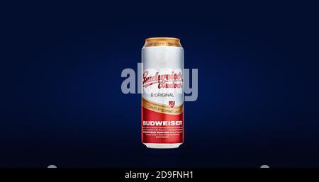 Dose Budweiser Lagerbier auf blauem Hintergrund. Budvar, eines der meistverkauften Biere in der Tschechischen Republik. Hergestellt in Ceske Budejovice von Budweiser Stockfoto