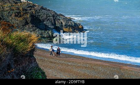Alltag. Zwei Damen mit Hund, die am kleinen Meeresstrand am Meer entlang spazieren. Stockfoto