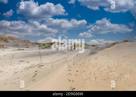 Dünenlandschaft mit einem sanften Hang von treibendem Sand steigt An die Spitze der Düne mit hier und da Gruppen von Dünengras gegen Wolken Himmel Stockfoto