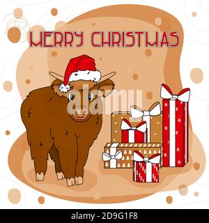 Cute Cartoon OX High Land Kuh steht auf dem Boden auf rosa und braunen Hintergrund mit Neujahr Geschenke Mit Frohe Weihnachten Text Stock Vektor