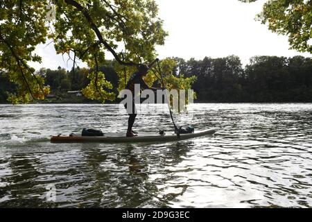 Mann paddeln auf einem SUP den Rhein hinunter in der Schweiz Stockfoto