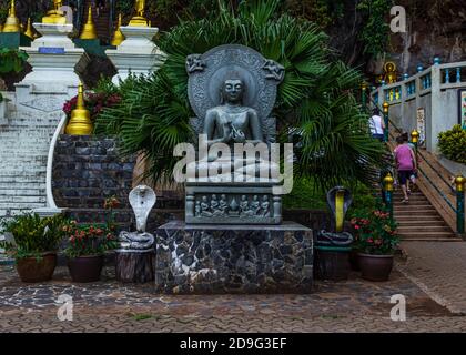 Krabi, Thailand- März 29 2019: Tiger Tempel dekorative weiße Felstreppe, Gold budha Statuen, Gartenblumen Stockfoto