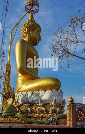 Krabi, Thailand - März 29 2019: Tiger Tempel Gold sitzende buddha-Statue, blauer Himmel Stockfoto