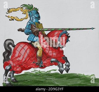 Jausting. Renaissance. Jouster mit Lanze. Farbige Gravur. Engravinb von Jost Amman, 16. Jahrhundert. Stockfoto