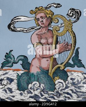 Sirene spielt eine Harfe. Stich von Jost Amman, 1599. Stockfoto