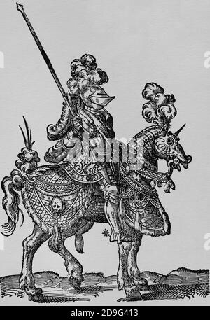 Jausting. Renaissance. Jouster mit Lanze. Engravinb von Jost Amman, 16. Jahrhundert. Stockfoto