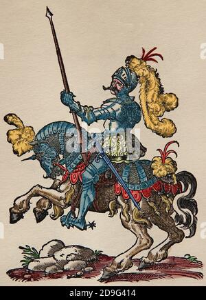 Jausting. Renaissance. Jouster mit Lanze. Engravinb von Jost Amman, 16. Jahrhundert. Spätere Färbung. Stockfoto