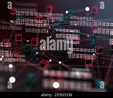 Big Data und Kommunikation. Internet und Datenanalyse im Web. Teamarbeit und IT-Software-Programmierung.3d-Illustration.Technologie und Wissenschaft Stockfoto