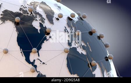 3d-Illustration von Vernetzung und Internet-Konzept und Globe Wold Map.Globale Telekommunikation und Cloud Computing Stockfoto