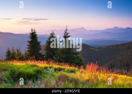 Landschaft in den Bergen mit einem bewölkten Himmel färbt den Sonnenuntergang. Ukraine, die Karpaten Stockfoto