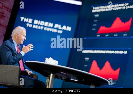 WILMINGTON, DE, USA - 28. Oktober 2020 - US-Präsidentschaftskandidat Joe Biden bei einem COVID-19 Briefing in Wilmington, Delaware, USA während der Stockfoto