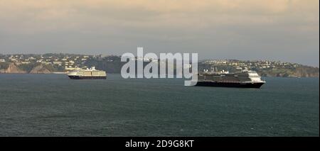 Zwei Kreuzfahrtschiffe der Holland America Line ankerten während der Coronavirus-Pandemie in Tor Bay und schauten von Berry Head nach Torquay. Stockfoto