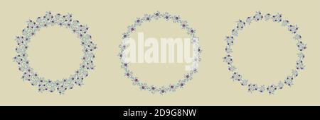 Set von floralen isolierten Vektor-Kränze, Zweige mit blaugrün Blätter und lila Blüten auf Creme. Vektor-Illustration, Design für Poster, Banner, Einladung, Buch, Mode Stoff, Verpackung. Stock Vektor