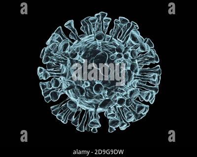 Illustration des Virus Coronavirus covid-19 isoliert auf schwarz. 3d-Rendering Stockfoto