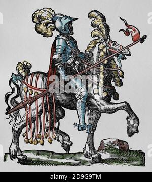 Jausting. Renaissance. Ritter mit Lanze. Engravinb von Jost Amman, 16. Jahrhundert. Spätere Färbung. Stockfoto