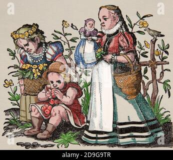 Renissance. 16. Jahrhundert. Mädchen. Stich von Jost Amman (1539-1591). Spätere Färbung. Stockfoto