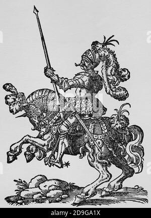 Jausting. Renaissance. Jouster mit Lanze. Engravinb von Jost Amman, 16. Jahrhundert. Stockfoto