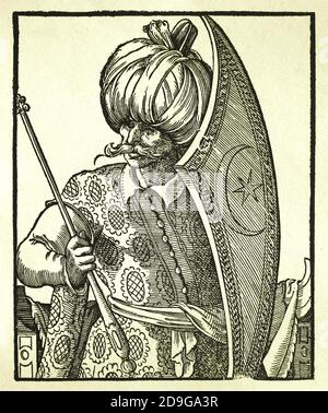 Moderne Zeit. Osmanisches Reich. 16. Jahrhundert. Turk mit Schild und Zepter. Stich von Jost Amman, 16. Jahrhundert. Stockfoto