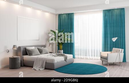 Moderne Einrichtung im Schlafzimmer mit blauen Vorhängen und blauem Teppich 3d-Rendern 3d-Illustration Stockfoto